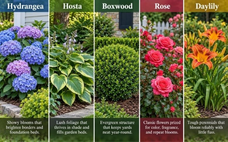 Five popular plants for American backyards: hydrangea, hosta, boxwood, rose, and daylily, with photos and descriptions of each plant.