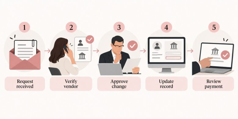 Infographic showing vendor bank change verification and approval workflow.