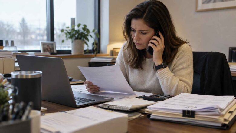 Finance employee checking vendor bank details by phone.