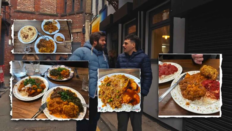 Two men outside a Manchester restaurant with dishes shown around them