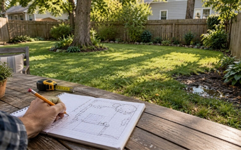 Homeowner sketching a dream backyard layout on graph paper, with a measuring tape and a lawn showing natural sunlight, shade, and drainage.