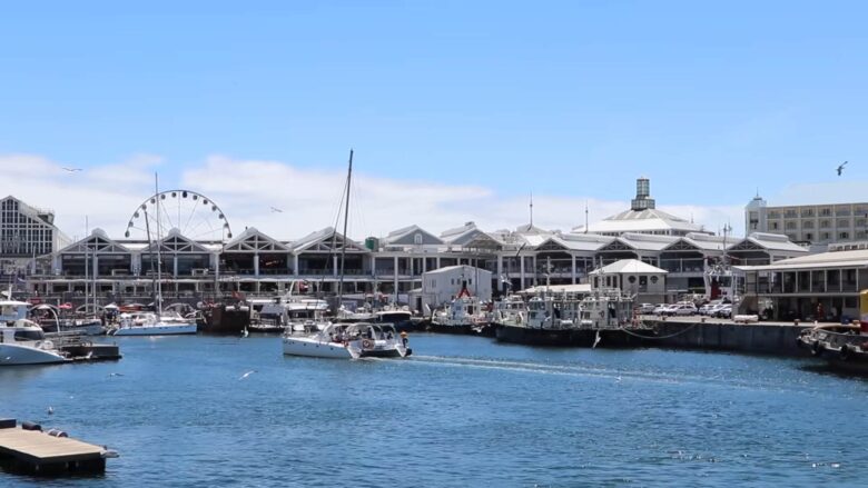 Boats and waterfront buildings at Cape Town harbor
