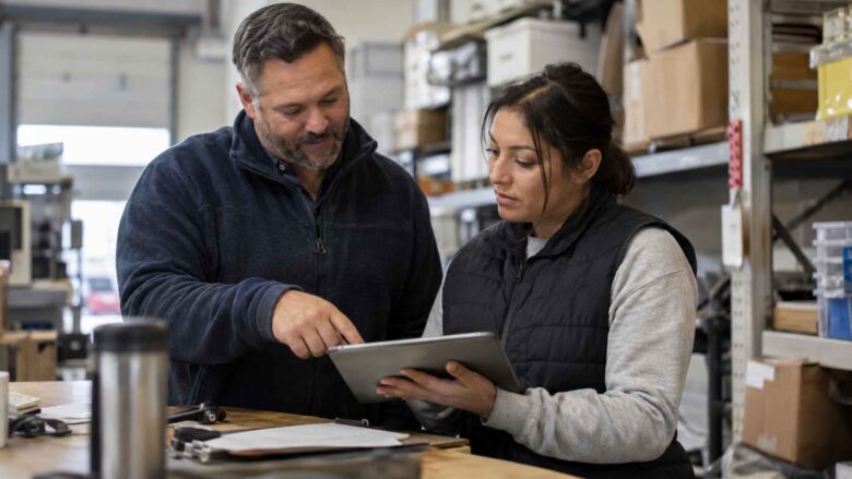 Two employees checking supplier details on a tablet.