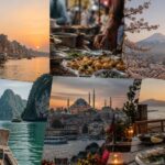 Collage of international travel destinations with local food, temples, coastlines and city views.