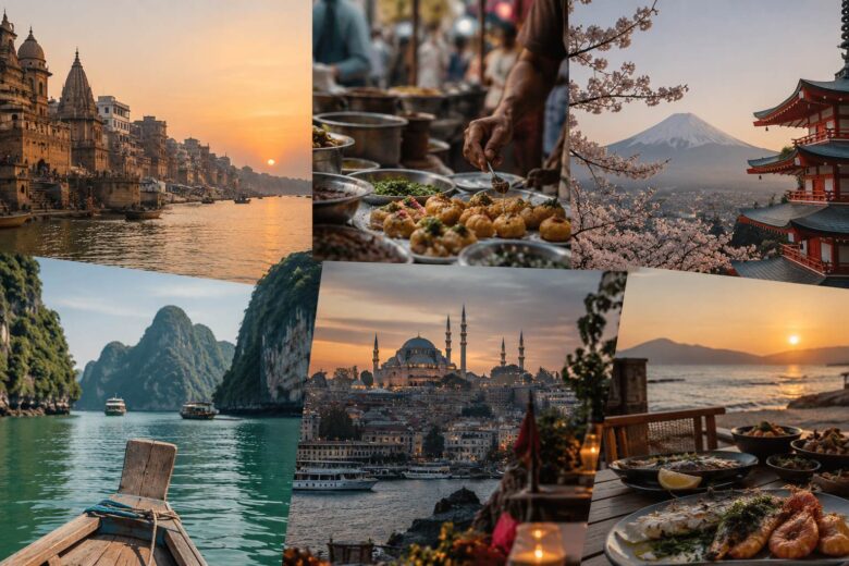 Collage of international travel destinations with local food, temples, coastlines and city views.