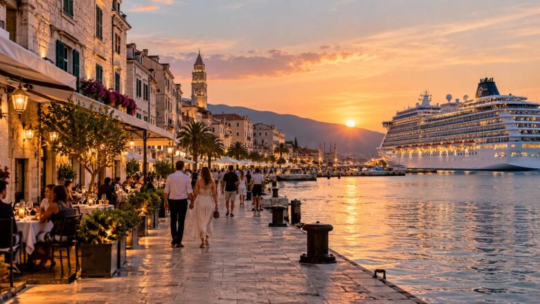 Cruise ship docked beside a lively waterfront city at sunset