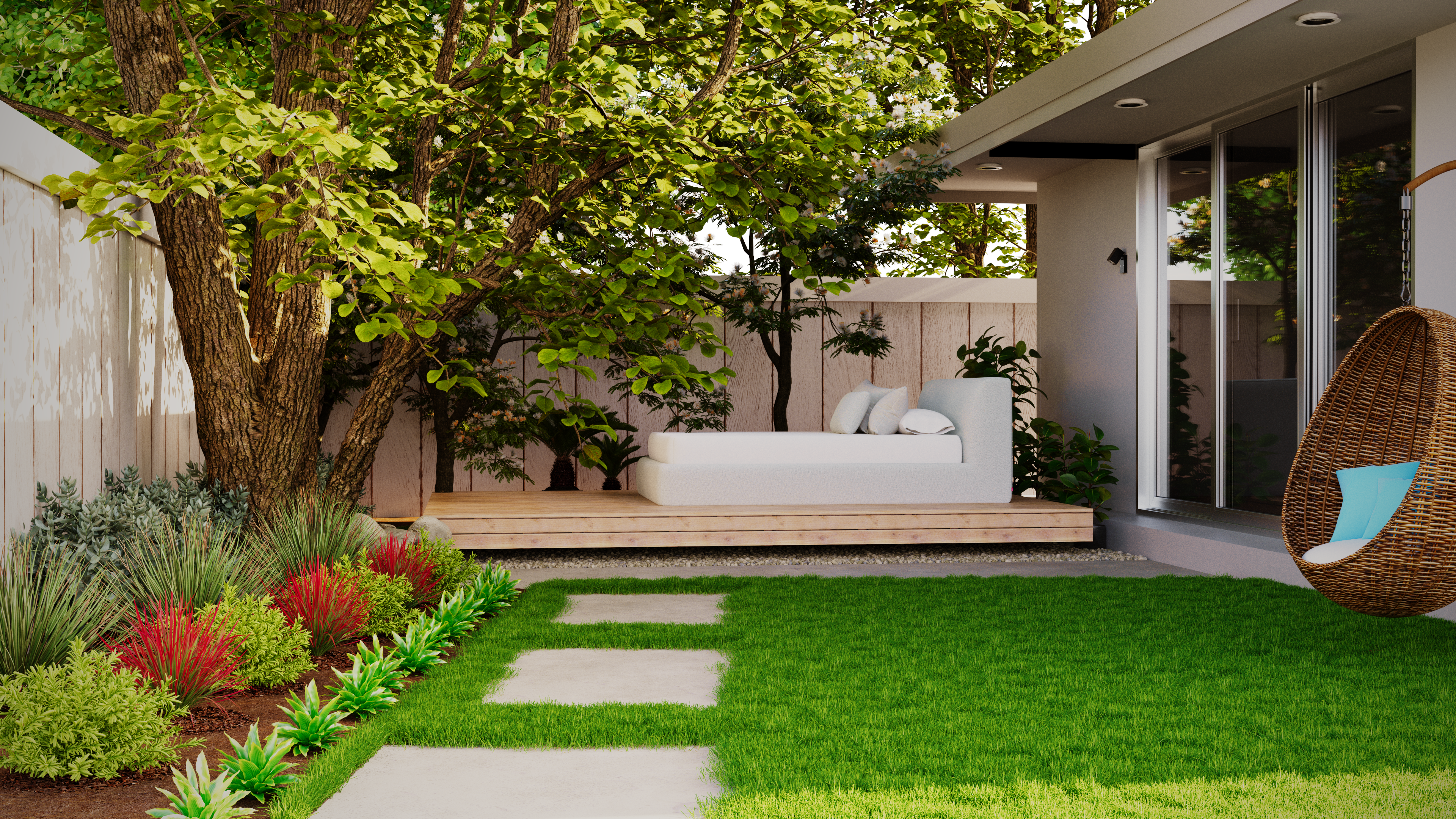 Serene landscaped patio with wooden decking and garden seating