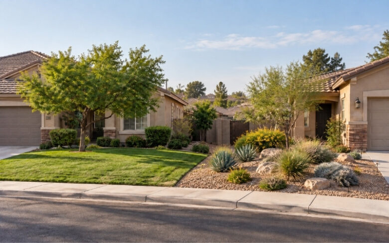 Two suburban front yards comparing a traditional green lawn with drought-resistant landscaping featuring gravel, native shrubs, and ornamental grasses.